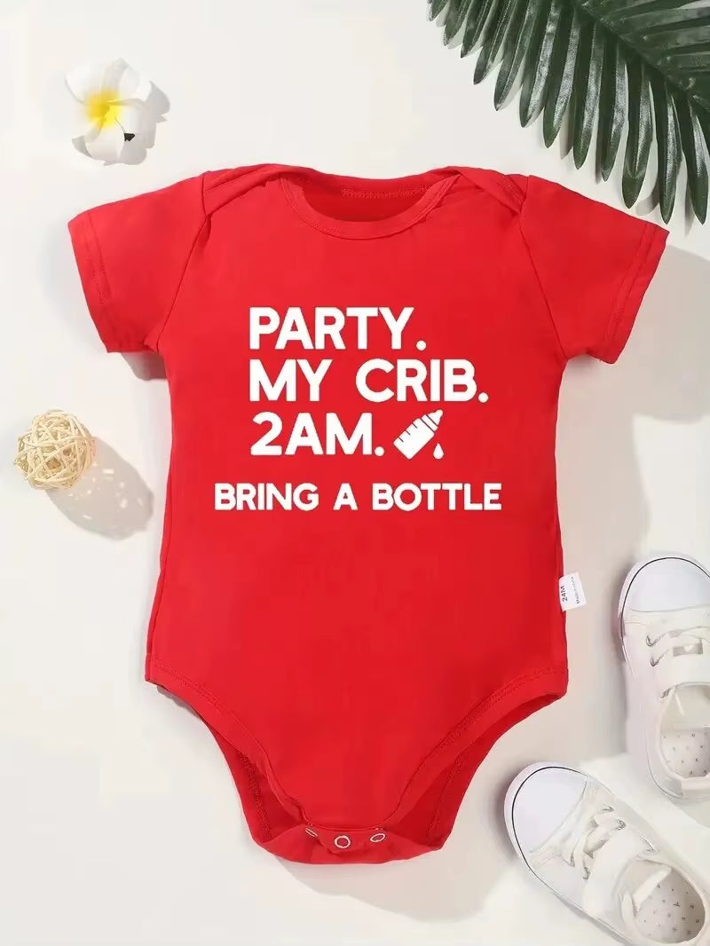 PARTY MY CRIB 2AM BRING a BOTTLE Letter Pattern Print Baby Onesies